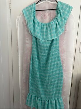 Hawaii's Finest Aqua Plaid Ruffled Off-Shoulder Dress